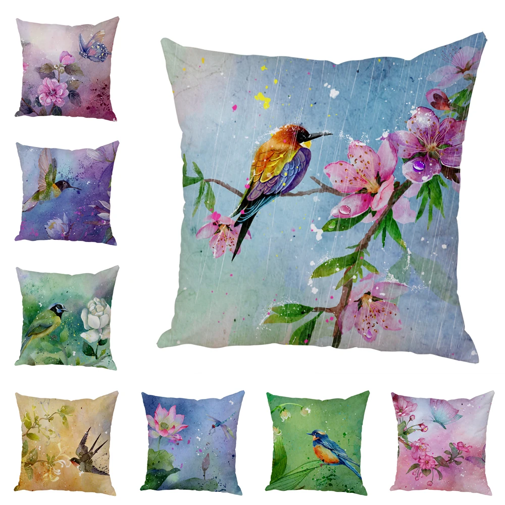 

Watercolor Birds and Flower Cushion Cover for Sofa Home Car Chair Peach Skin Pillow Case 45x45 Colorful Floral Animal Pillowcase
