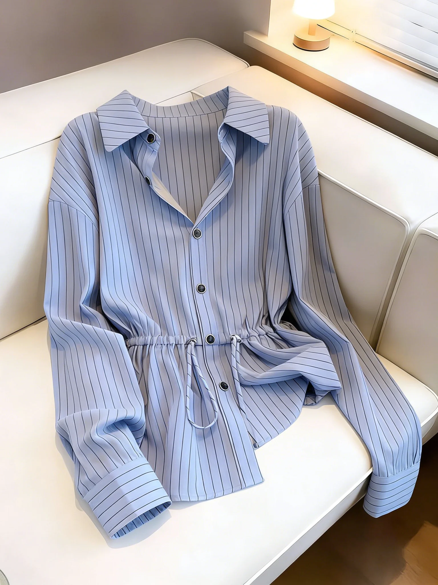 

Light Blue Striped Women's Shirt Shoulder Length Drawstring Waist Loose Fit Long Sleeve Commute Style Korean Version