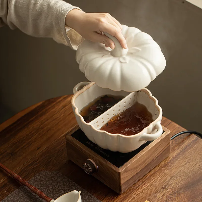 Ancient pumpkin pot health tea brewer with lid ceramic jar soda glaze white tea brewing tea bowl surrounding furnace roasting