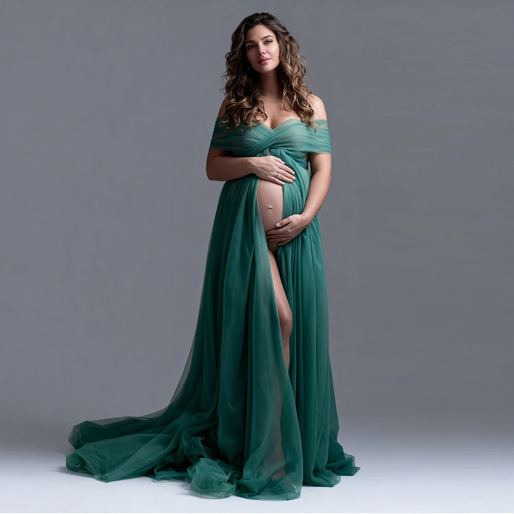 Maternity Photoshoot Dresses Green Tulle Off-the-Shoulder Sheer Wrap Evening Dresses for Pregnant Women Maternity DressYW260315D