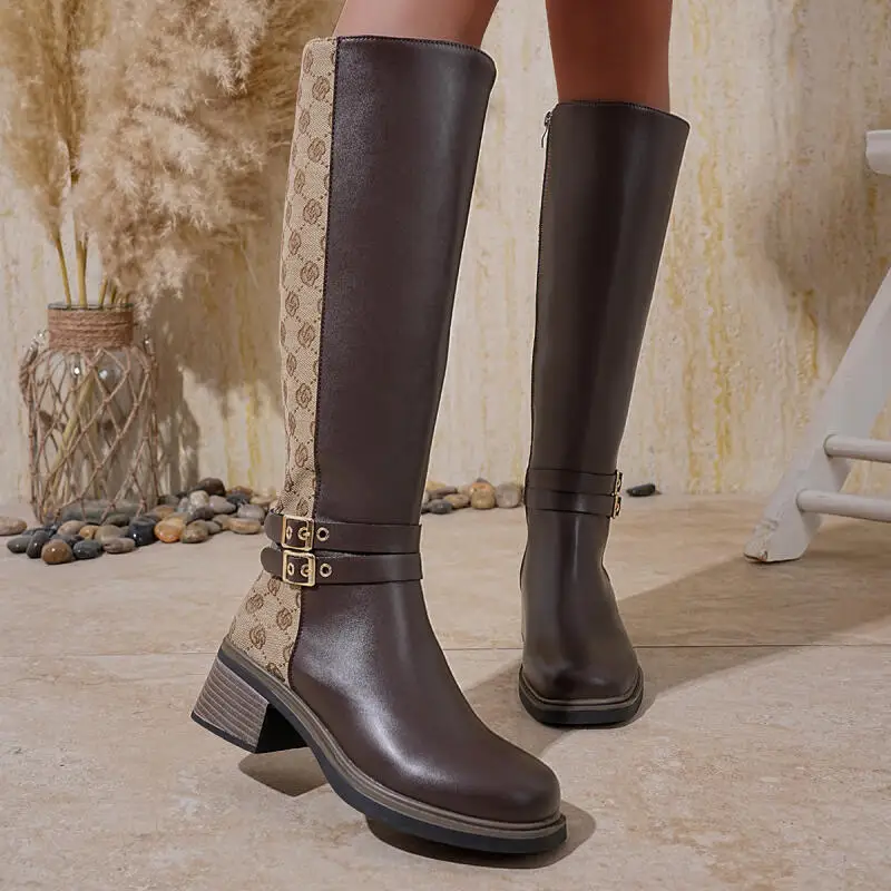 

Brand Design Metal Belt Buckle Knee High Boots Women 2025 Winter Classic Embroidery Thick Heel Riding Boots Woman's Long Boots