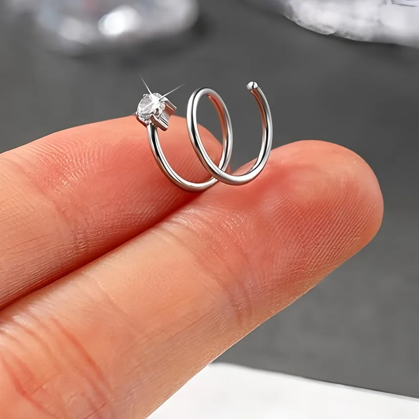 1pc Stainless Steel Cubic Zirconia 20G Nose Ring For Women Double Nose Ring Hoop Nose Piercing Jewelry Simple Stud Earring view 5