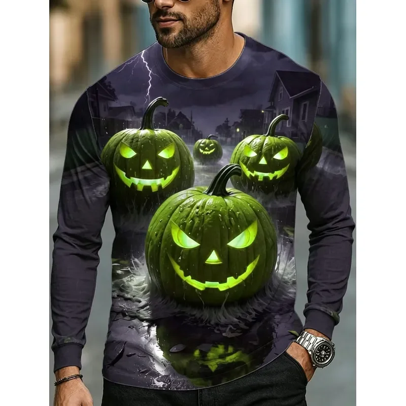 3D Print Casual Long Sleeve Men's T Shirt 2026 Halloween Glowing Pumpkin Storm Scenery Gothic Streetwear Tops Fashion New