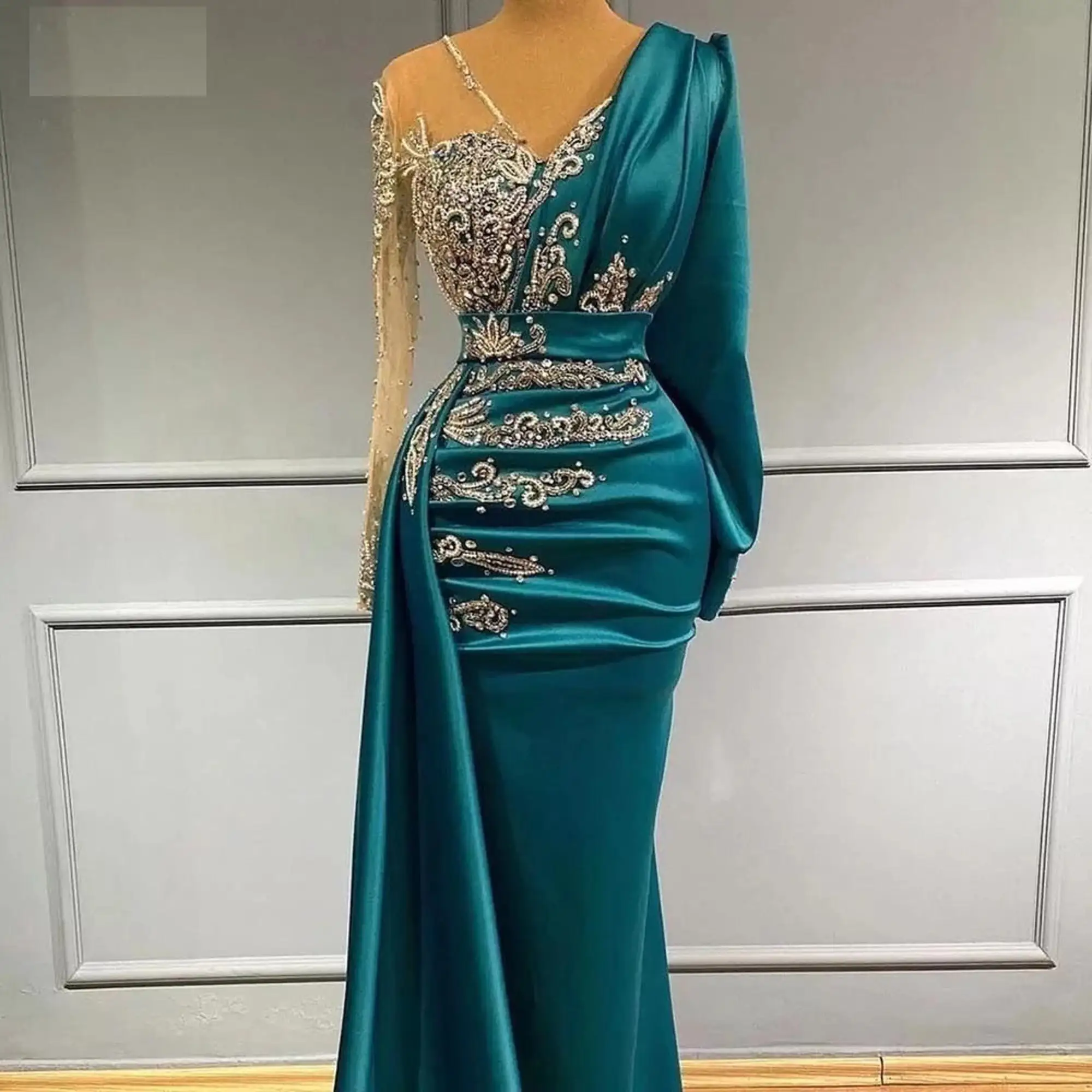 Sequin Dubai Mermaid Evening Dresses Luxury Sparkly Crystal Long Sleeve Pleat Satin Formal Party Prom Gowns Vestido Custom Made