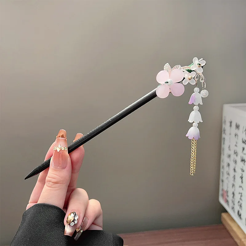 Classic Tassel Hair Stick Black Wooden Flowerl Pearl Hairpin Chinese Hanfu Hair Accessories Retro Bride Wedding Hair Bun Jewelry view 3