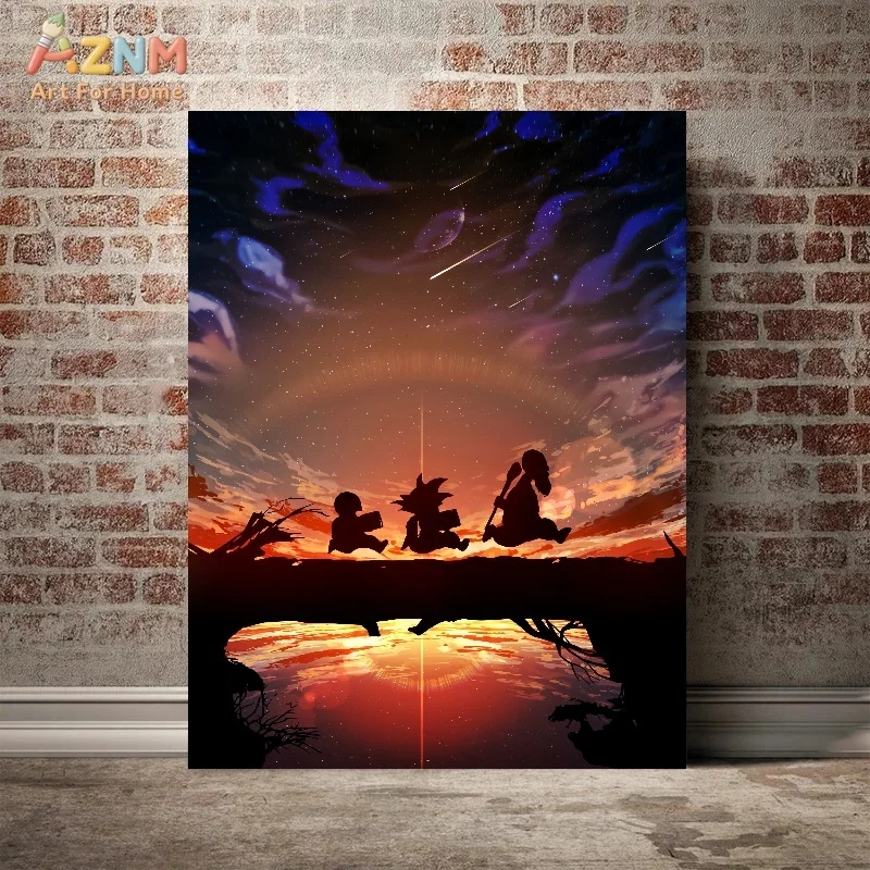 AZNM Dragon Ball Sunset Silhouette Unframed Canvas Print Pixel Art Kid Goku Krillin Vegeta Anime Wall Decor Poster