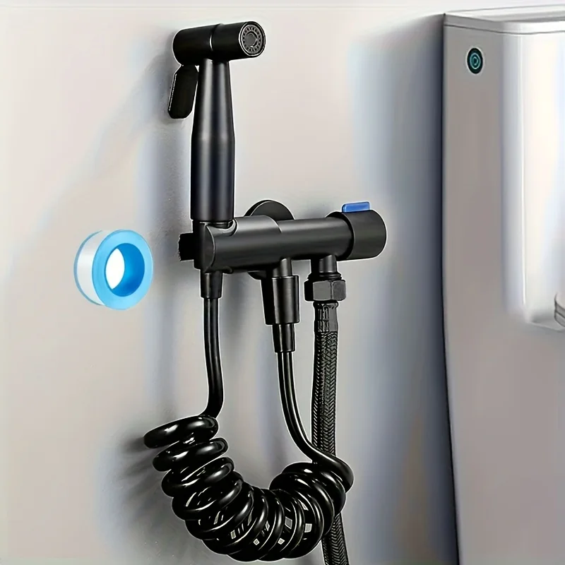 

A set of high-pressure stainless steel handheld toilet shower heads with shower hoses, wall mounted toilet shower kit