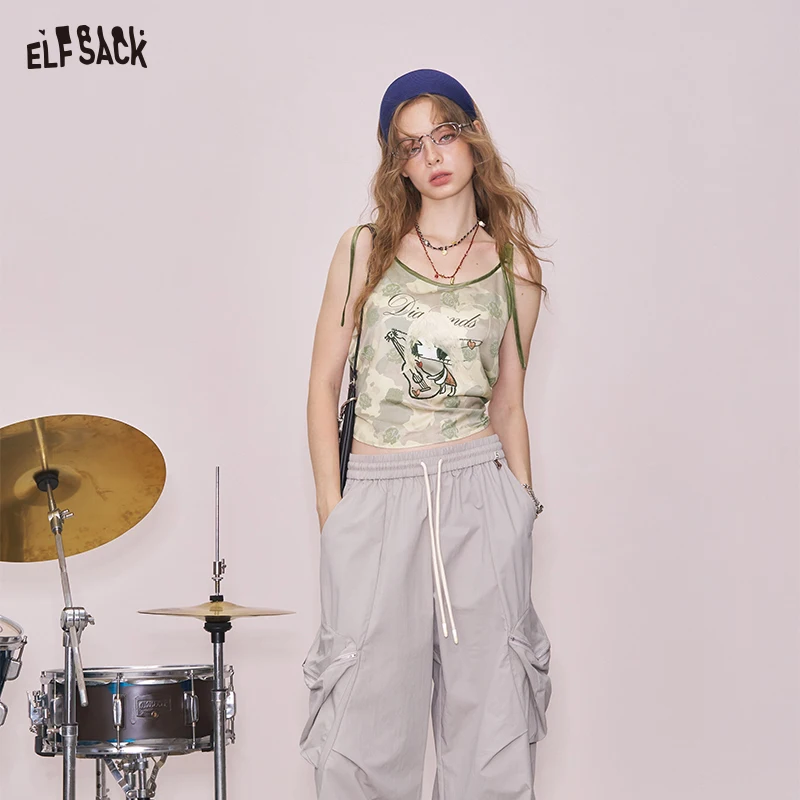 ELFSACK 2025 Lato Nowa Kolekcja Oryginalny Nadruk Sztuczny Octanowy Top na Ramiączkach Kamuflaż Bez Rękawów Damski