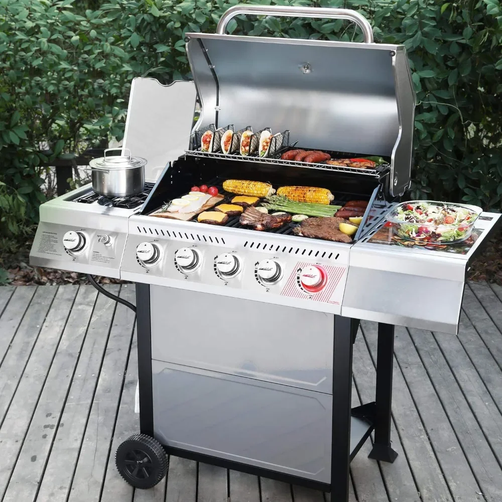 

5-Burner BBQ Propane Grill, Stainless Steel Barbecue Gas Grill for Outdoor Patio Garden Picnic Backyard Cooking, 64,000 BTU