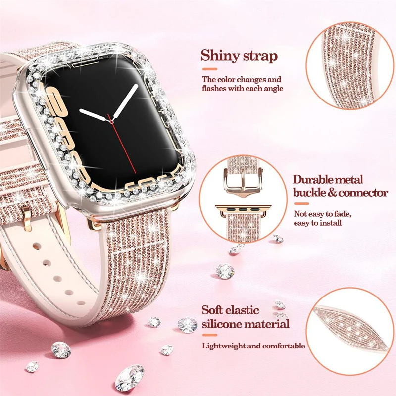 Silicone Leather Strap for Apple Watch Ultra 49mm Band 44mm 41mm 45mm 40mm 42mm Correa Diamond Case IWatch Series 8 7 Se 6 5 4