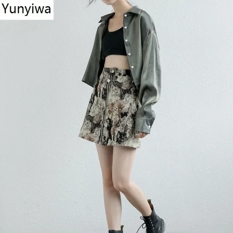 Fashion High Waist Hip A Line Skirt Retro Cat Embroidery Print Jupe Femme Autumn Spring Outwear Zipper Faldas Mujer 48683