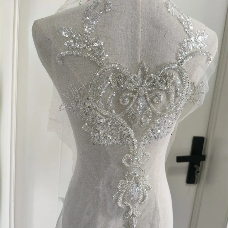 Silver Color Beaded Lace Applique Sequined Embroidery Patch for Wedding Dress Gown Back Decoration