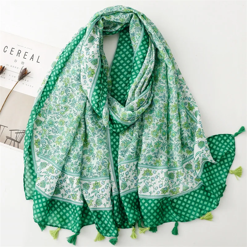 Boho Fashion Garden Floral Chain Tassel Viscose Shawls Scarf Lady High Quality Wrap Beach Stole Bufandas Muslim Hijab 180*90Cm