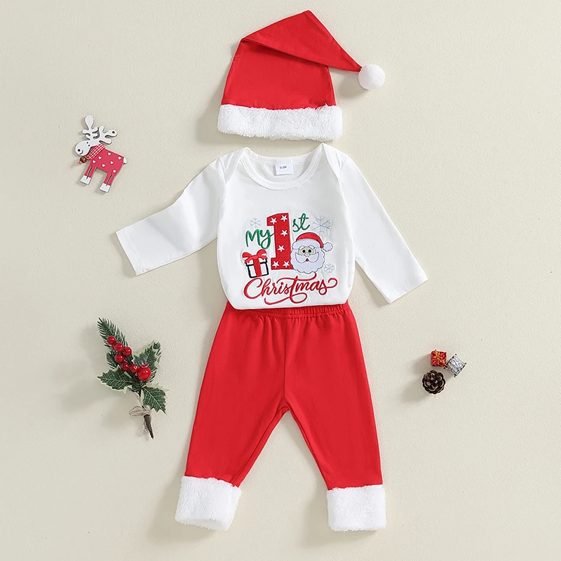 Baby Boy Christmas Outfit with Hat Newborn Long Sleeve Romper Pants Set My First Christmas Infant Boy Clothes