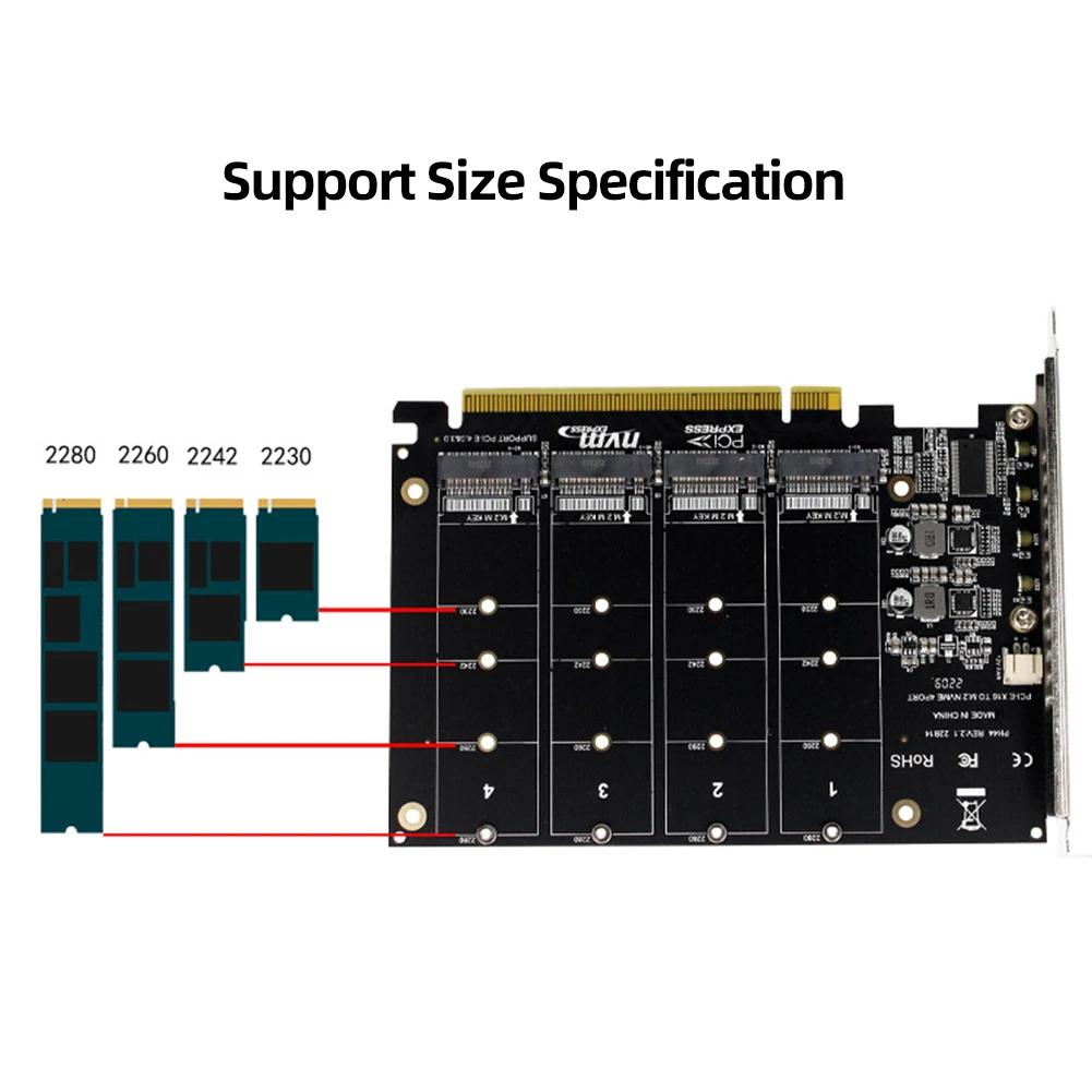 4 Port M.2 NVME SSD To PCIE X16 Adapter Converter Card Support 2230/2242/2260/2280 Host Controller Expansion Card LED Indicator