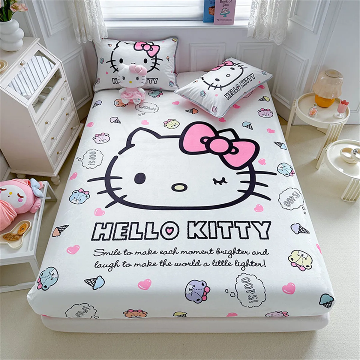 Cartoon Hello Kitty Fitted Sheet Set 3Pcs, 3D Anime Cat Design Bedding Set for Kids Adult Includes 1 Fitted Sheet,2 Pillowcases