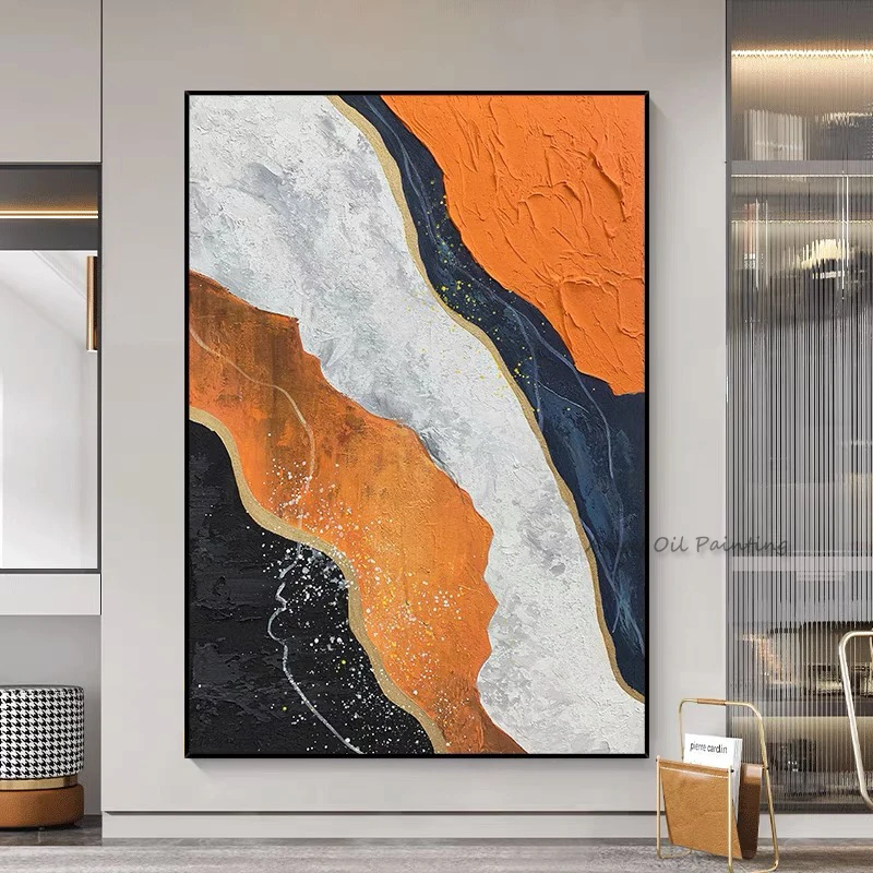 Handpainted Thick Impasto Stream Abstract Oil Painting Orange Tone Wall Hangings Modern Living Room Artwork