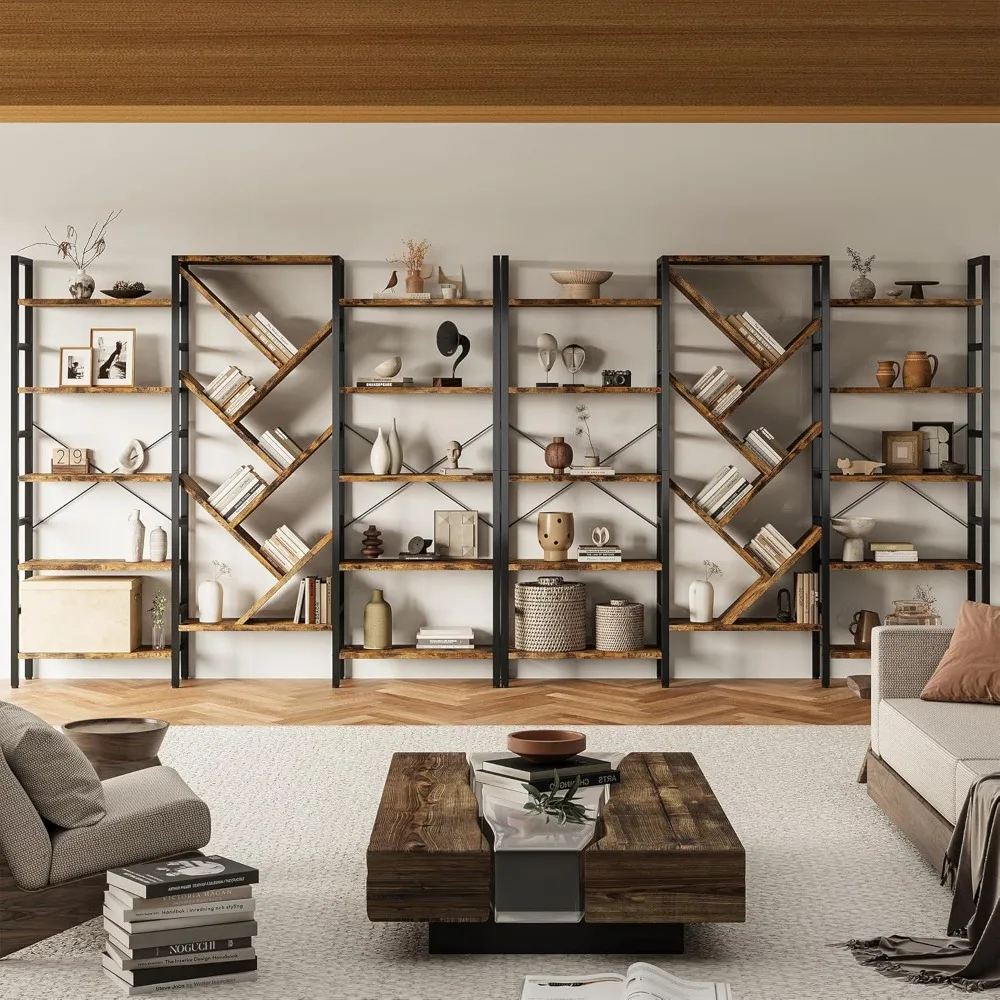 رف كتب خشبي كبير مقاس 70 × 70 ثلاثي الطبقات مع 17 رفًا مفتوحًا وإطار معدني حديث #6