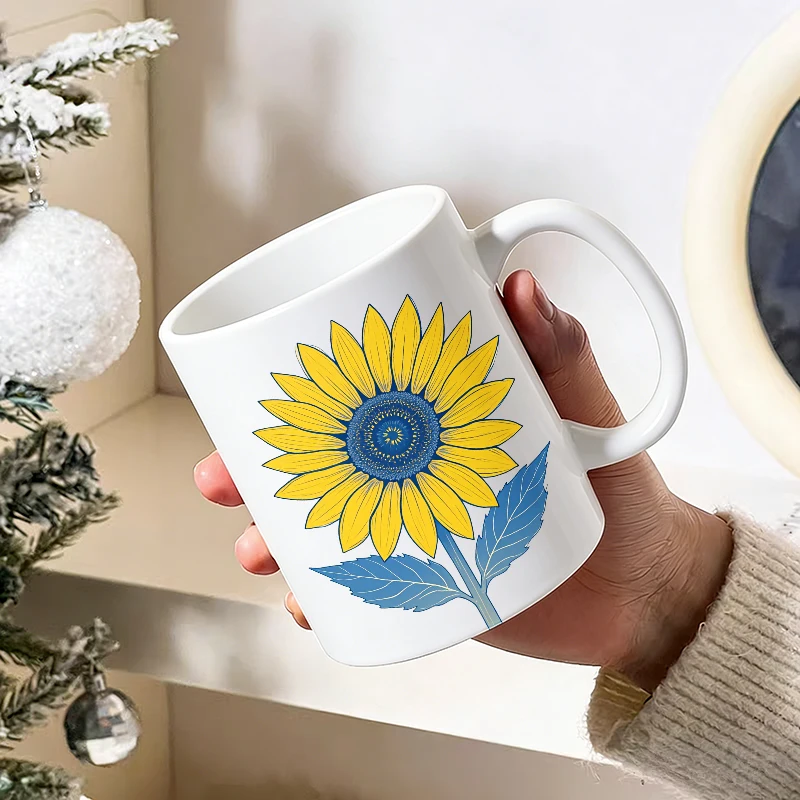 Independence Day Mug Coffee Cup Ceramic Cup Sunflower Bloom on Cream Background