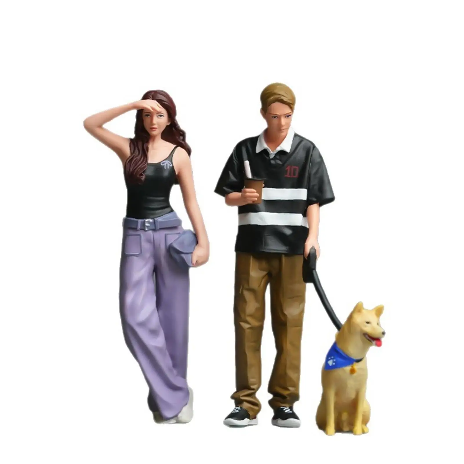Resin Miniature Painted Figures Couple with Blue Bandana Dog Walking Scene for Shelf Table Home Decor