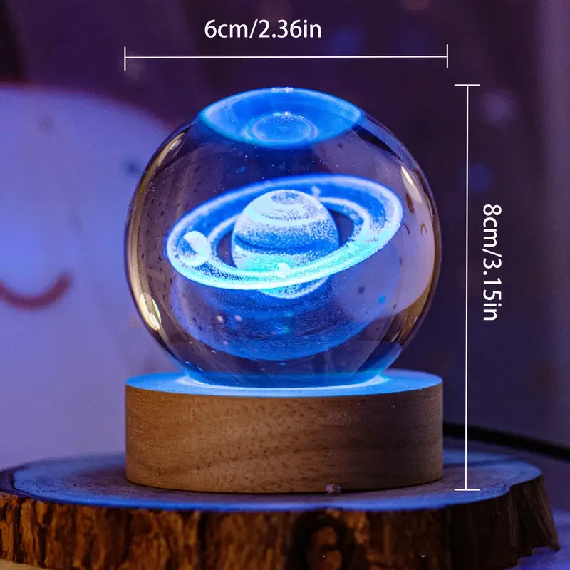 1pc 3D interior sculpted Saturn illuminated crystal ball ornament with colorful wood base, nightlight, indoor tabletop, birthday