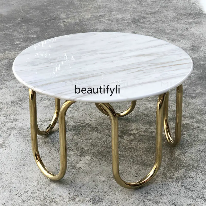 

round Metal Natural Marble Tea Table Electroplating Champagne Gold Base Arc Shaped Coffee Table