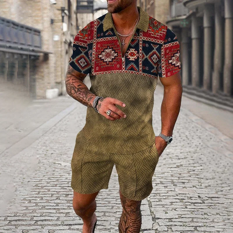 Men's Classic Print Two Piece Sets Summer Outdoor Urban Street Casual Zipper Polo Shirt Outfit Retro Simple Breathable Male Suit - Image 5
