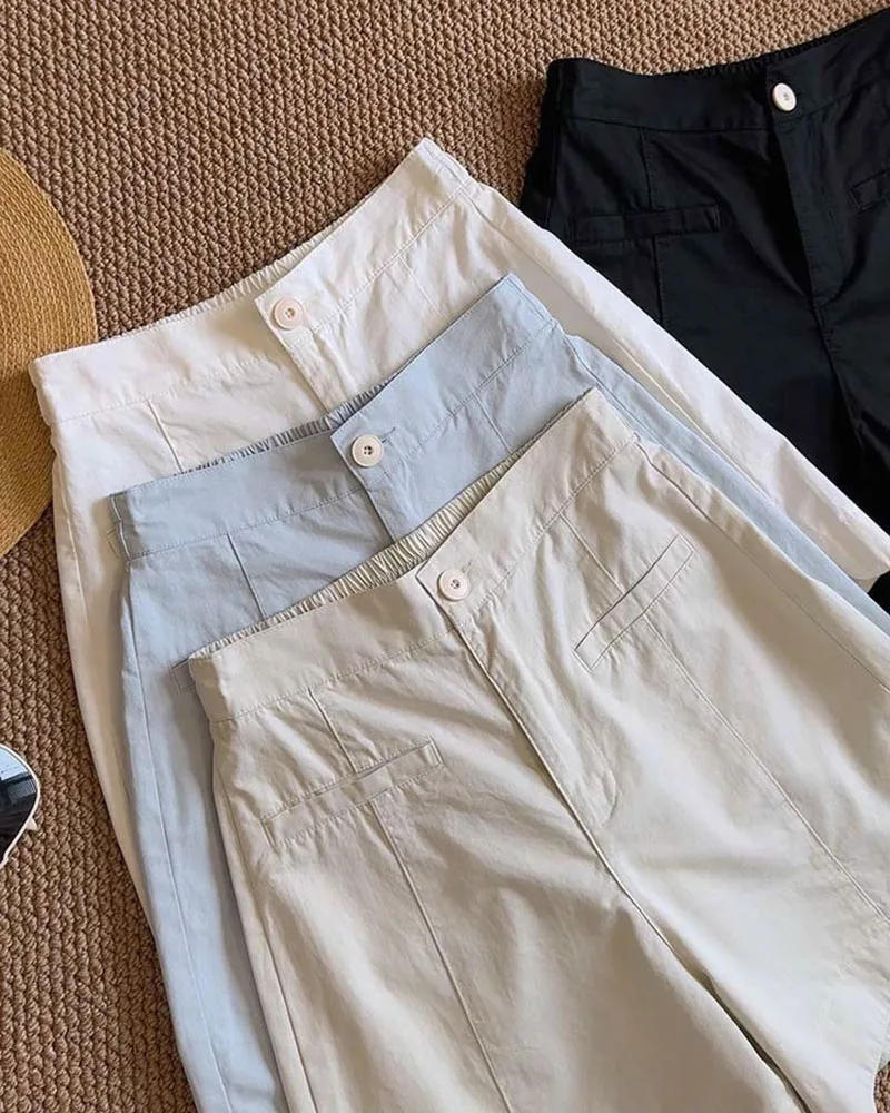 2025 Pantaloncini nuovo stile in cotone lavato Pantaloni a gamba larga a trapezio comodi ed eleganti per l'estate con design a vita alta