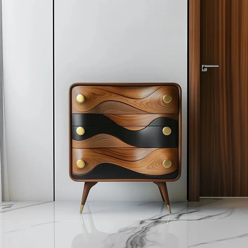 A   creative three-bucket cabinet, high-end walnut bedroom locker, Nordic retro solid wood drawer cabinet, entrance cabinet