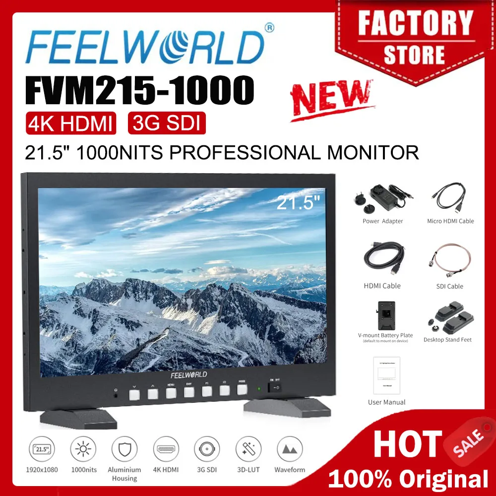 

FEELWORLD 21,5-дюймовый профессиональный монитор для производства и вещания FVM215-1000P 4K60Hz HDMI 3G-SDI с высокой яркостью 1000 нит, Full HD, IP