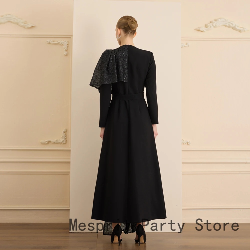 Czarna Sukienka Wieczorowa Do Kostek Sukienka na Bal Studniówkowy Linia A Suknia Wieczorowa Długi Rękaw Dekolt O Koraliki Sukienka Saudyjska Z Cekinami