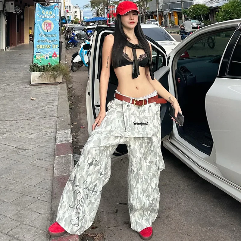 

High Street Trendsetters крутые камуфляжные контрастные цвета нишевый дизайн Sense сращивание ленты прямые повседневные брюки 2025 новинка