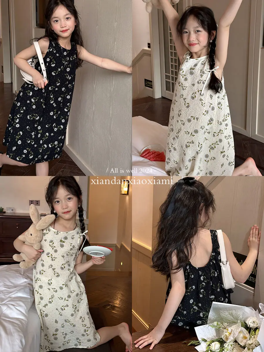 

Korea 2024 Floral Girls Casual Dresses Children's Clothing Summer New Girl's Vest Skirt Floral Dress Sweet Girls Dresses