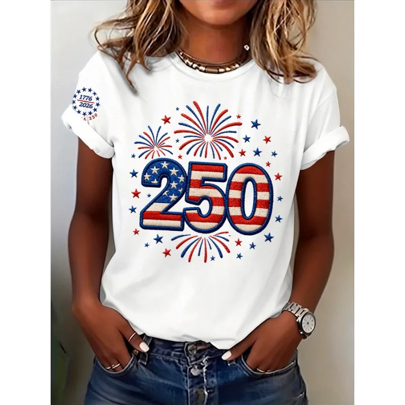 NEW Women's 1776-2026 Print T-Shirts Summer American 250th Anniversary Short Sleeve T Shirt Casual Round Neck Tops