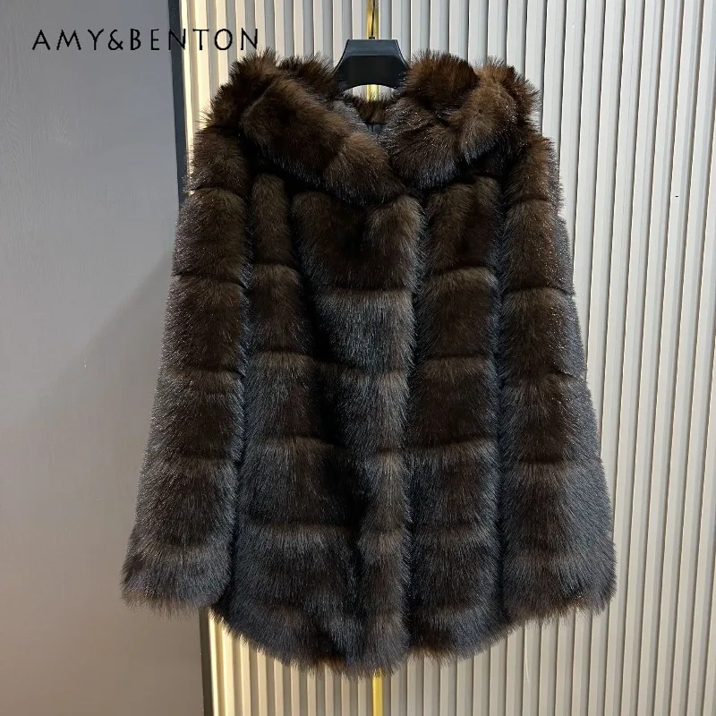 

Winter New Purple Comfortable Mink Hooded Thickened Warm Elegant Noble Faux Fur Jacket Top Imitation Mink Furry Coat For Women