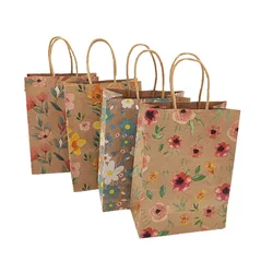 12/24Pcs Kraft Paper Flower Gift Bags With Handle Wrapping Wedding Favor Portable Packaging Shopping Bag Birthday Party Supplies