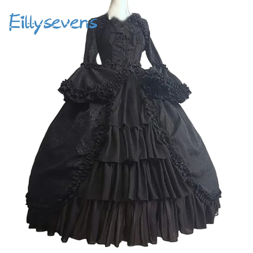 Vintage Gothic Court Costumes Bow Lolita Dresses Medieval Square Collar Waist Hugging Stitching Ruffle Sweet Puffy Dresses