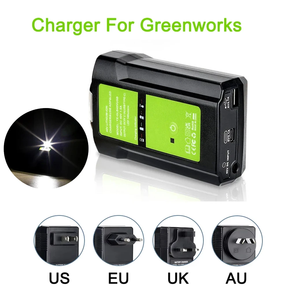

Вилка ЕС/США/Великобритании/Австралии для GreenWorks 40 В, литий-ионный аккумулятор, адаптер зарядного устройства, портативный источник питания с рабочим освещением USB 3 Вт