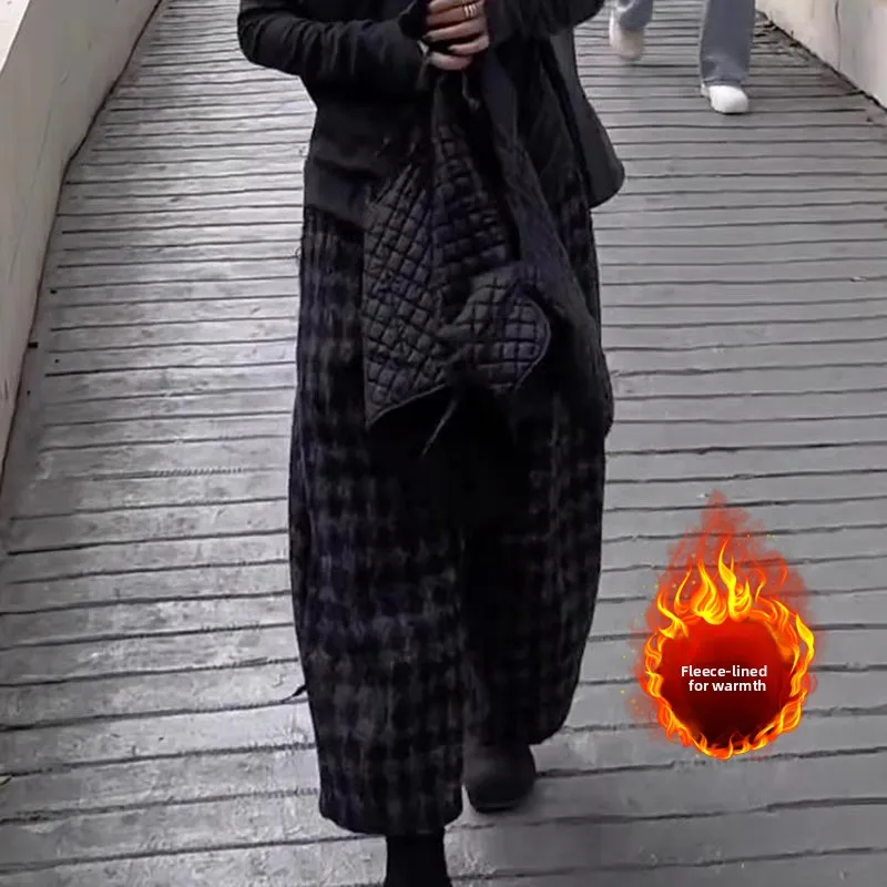 Ele Plaid Fce gevoerde broek met wijde pijpen Casual recht gesneden winter losse afslankbroek voor dames in grote maten