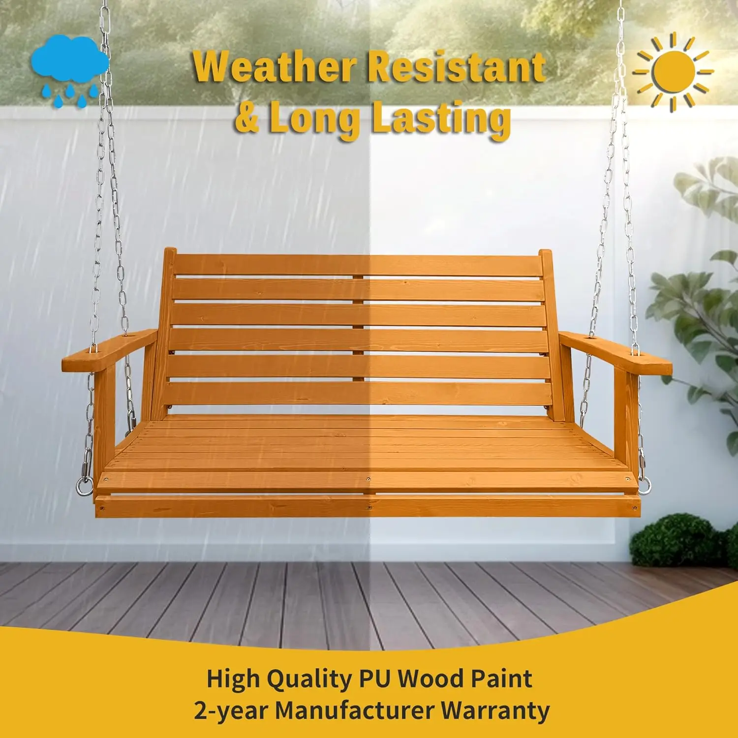 Wooden Porch Swing, Ergonomic Seat, Bench Swing with Hanging Chains and 7mm Springs, Heavy Duty 800 LBS