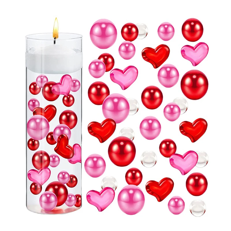 Contemporary Style Floating Pink & Red Imitation Pearls For Valentine's Day Wedding,1 Set Romantic Acrylic Heart Vase Filler