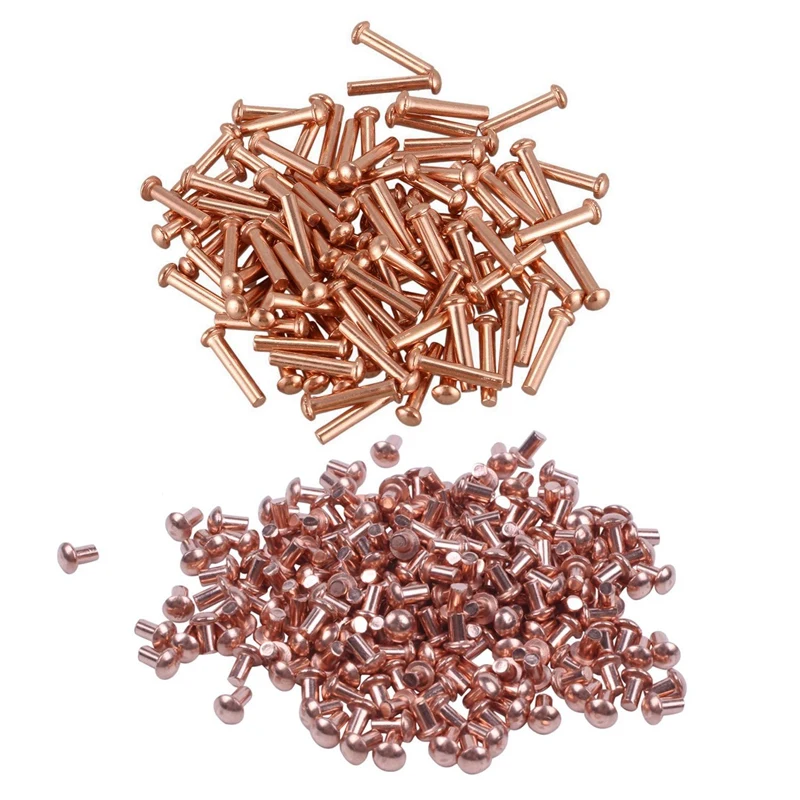 

300Pcs Round Head Copper Solid Rivets Fasteners - 200Pcs 5/64 X 1/8 Inch & 100Pcs 5/64Inch X 25/64Inch