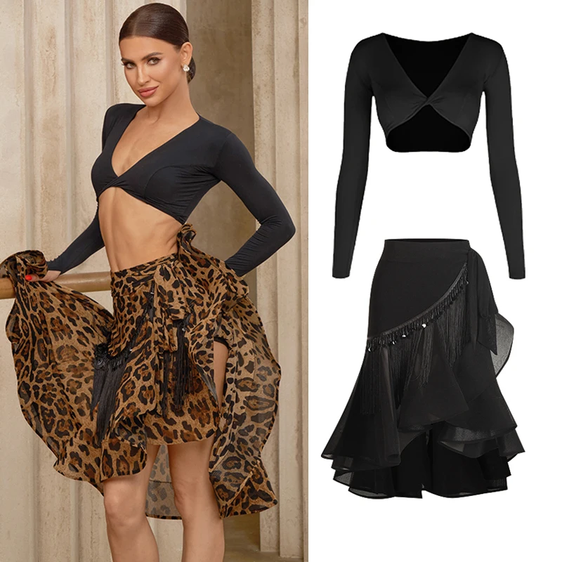 Spódnica do tańca latynoamerykańskiego ZYM, damska, do rumby, cha-chy, samby, na występy taneczne, czarna, z frędzlami, wzór w panterkę, z fiszbinami, strój do ćwiczeń, DNV24655