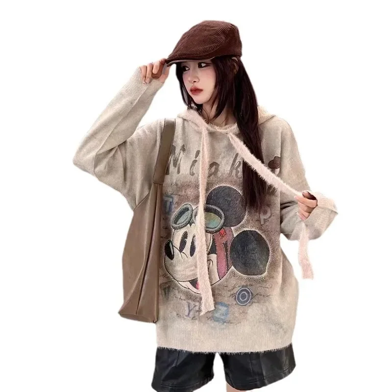 European Goods Cartoon Hooded Sweater Womens 2024 New Casual Pullover Loose Thickened Mink Fleece Knitted Top Autumn Winter