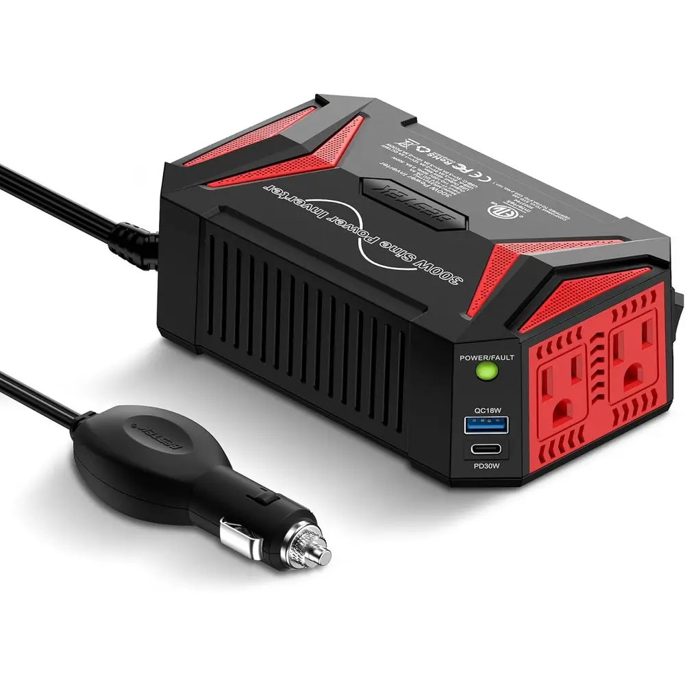 

300W Sine Wave Power Inverter - DC 12V to 110V AC Car Converter Plug Adapter Outlet with 30W USB-C Port - Vehicle Cigarette Ligh
