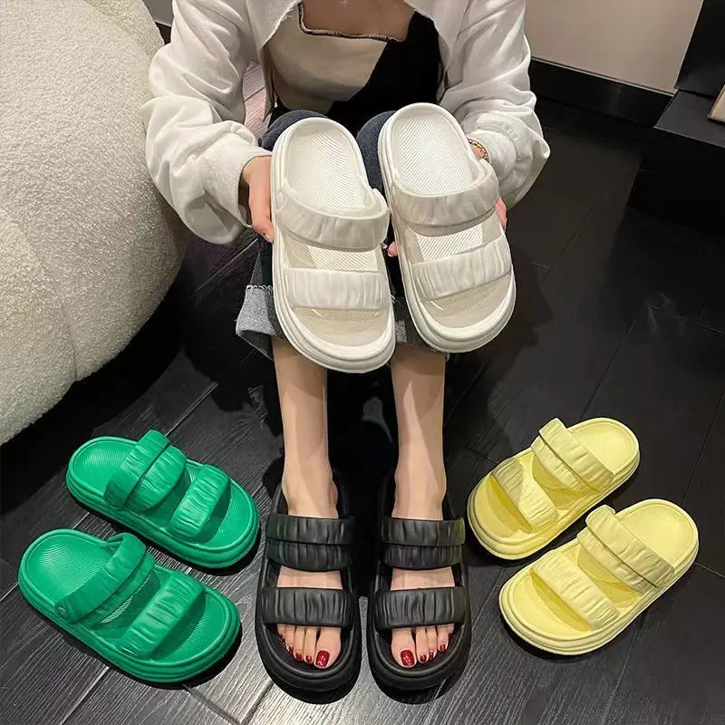 Summer Height Shoes for Women 2024 White Sandals Round Toe Slides Indoor Woman Slippers on Beach Cloud Soft Sale Promotion 39 F