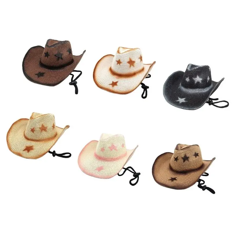 

A52E Western Hat Sun Protective Woven Straw Vacation Hat With Adjustable Strap Star Print For Men Women Outdoor Travel Hiking