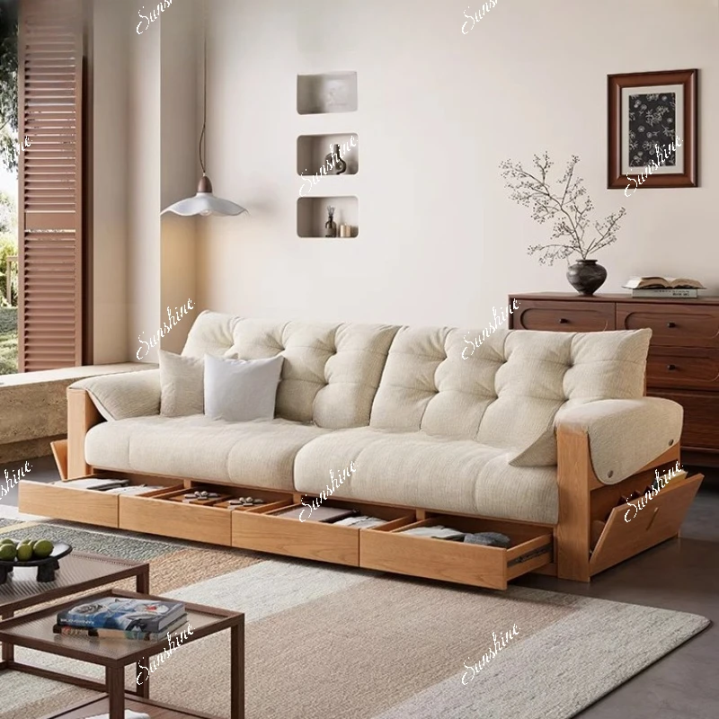 

Living room log cream wind fabric sofa small apartment storage new Chinese style