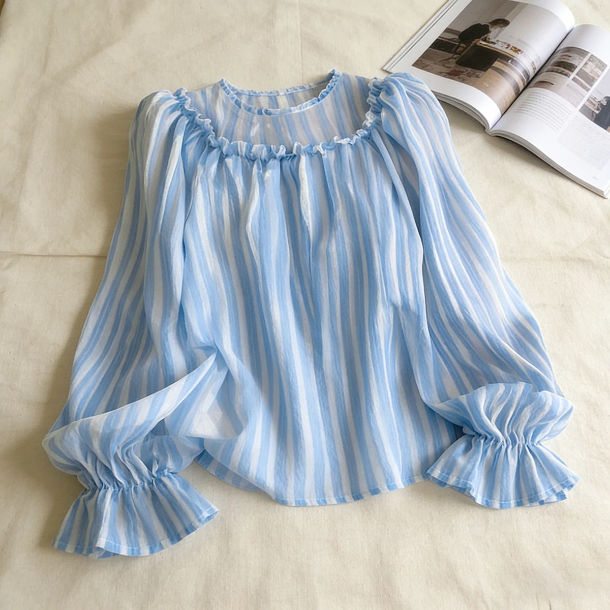 Contrasting Stripes Chiffon Long Sleeved Shirt French Temperament Elastic Cuffs Waist Cinched for Women Blouse