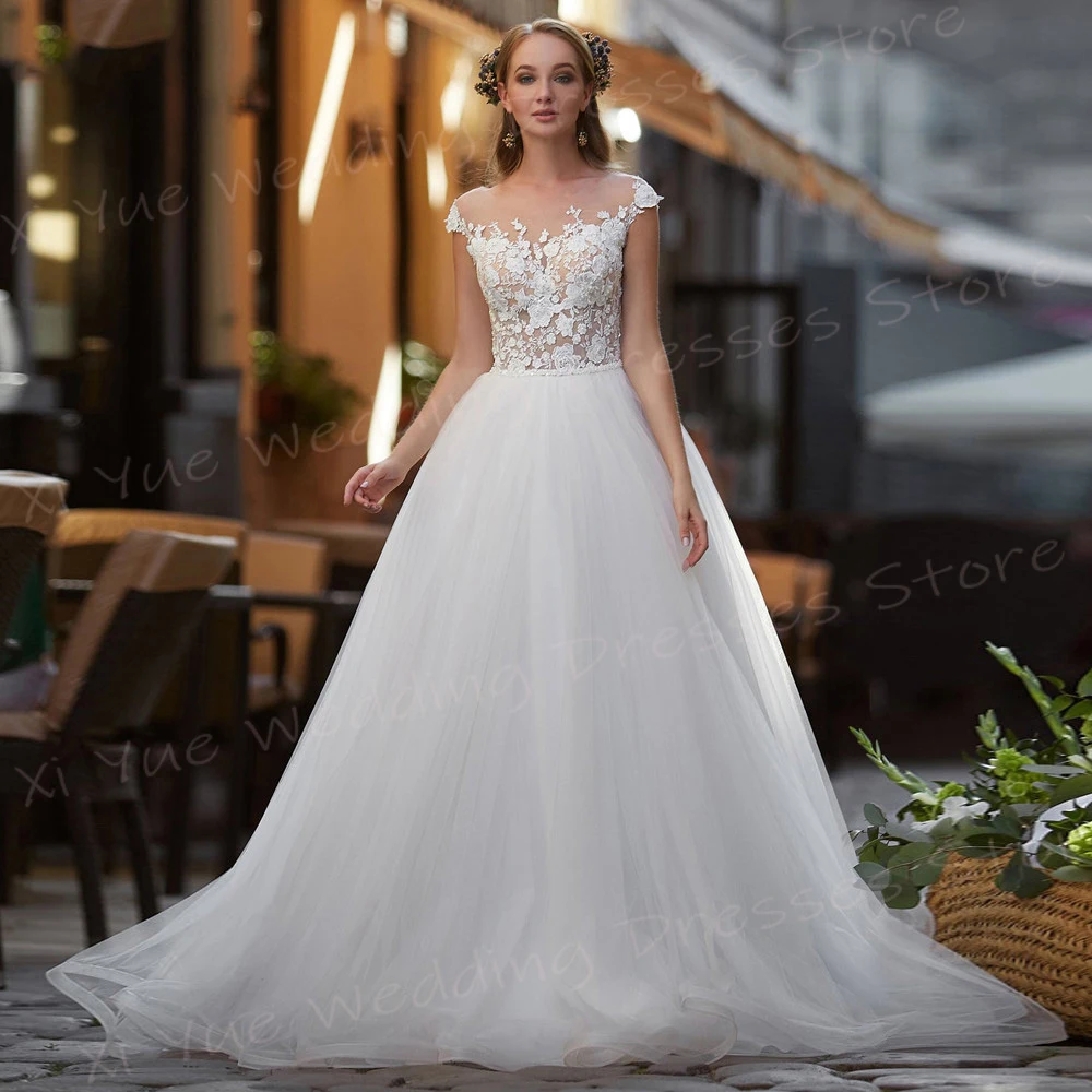 Vestidos de casamento requintados para mulheres, apliques clássicos de renda, manga boné, vestidos de noiva vintage, vestido de princesa moderno